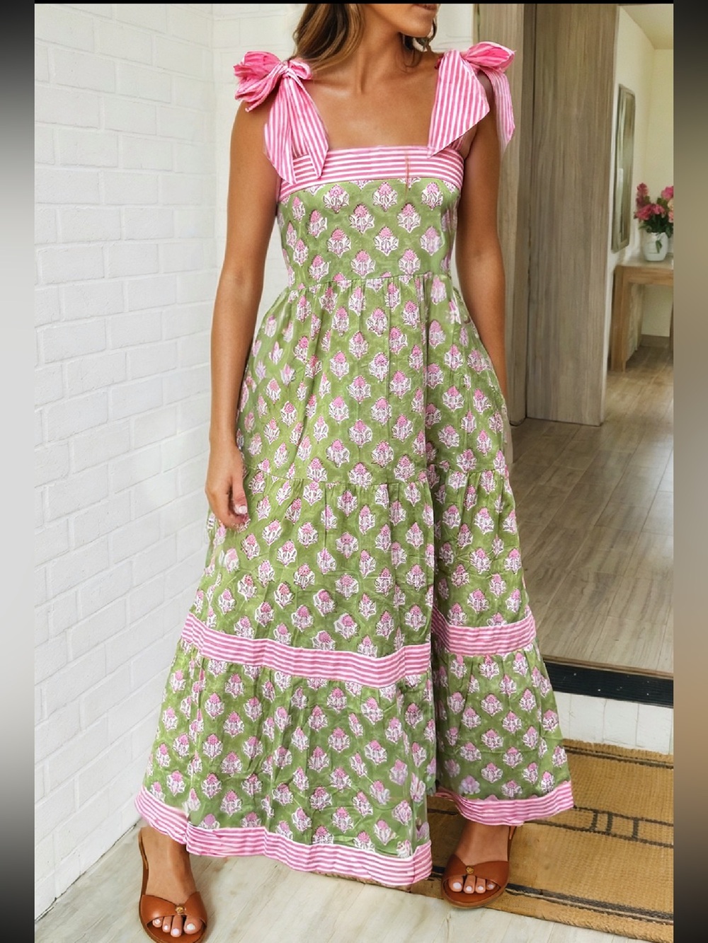LA Society Green Floral Print Stripe Detail Knot Straps Maxi Dress